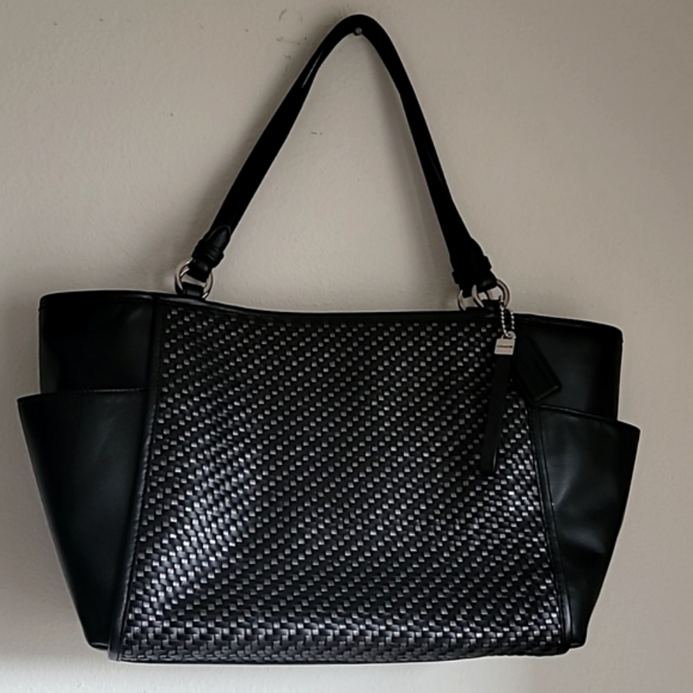 Coach Park Woven Shoulder Bag Tote Handbag Black Gray F31285
